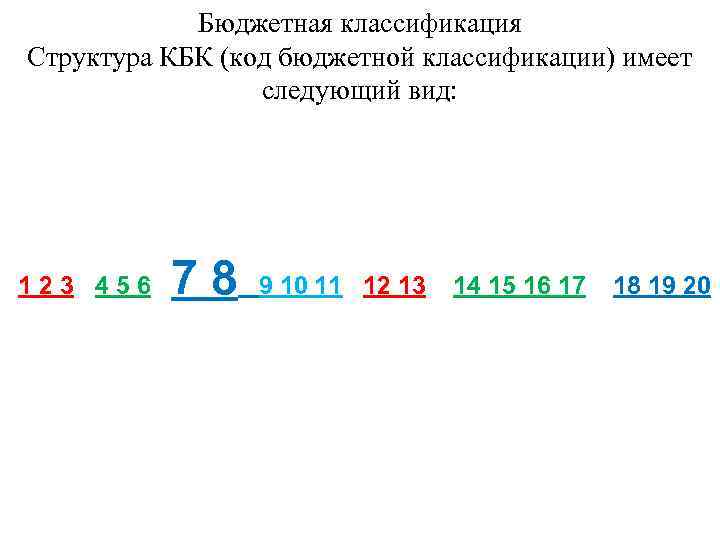 Бюджетная классификация Структура КБК (код бюджетной классификации) имеет следующий вид: 123 456 78 9