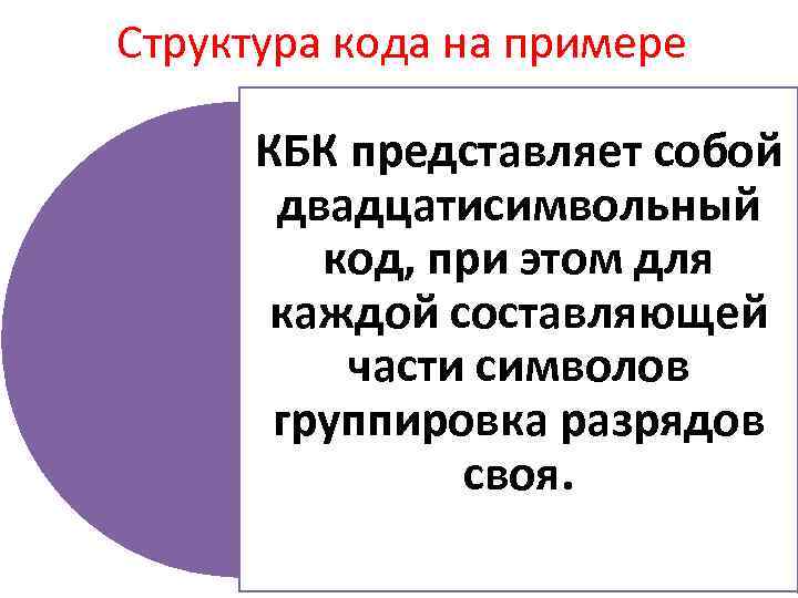 Структура кода на примере КБК представляет собой двадцатисимвольный код, при этом для каждой составляющей