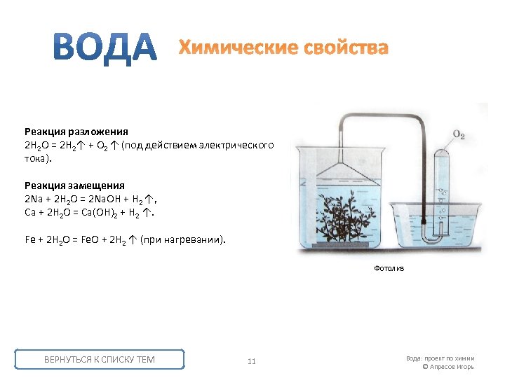 Химические свойства Реакция разложения 2 H 2 O = 2 H 2↑ + O