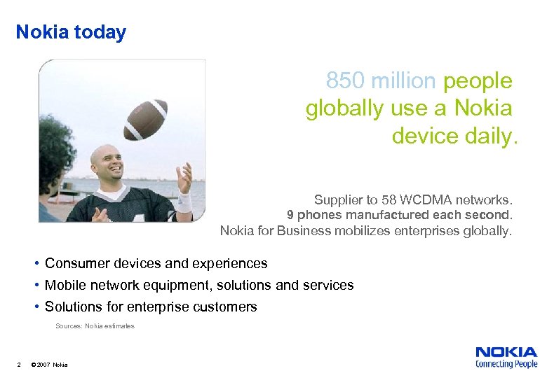 Nokia today 850 million people globally use a Nokia device daily. Supplier to 58