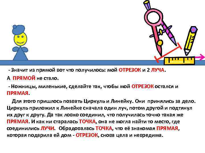 - Значит из прямой вот что получилось: мой ОТРЕЗОК и 2 ЛУЧА. А ПРЯМОЙ