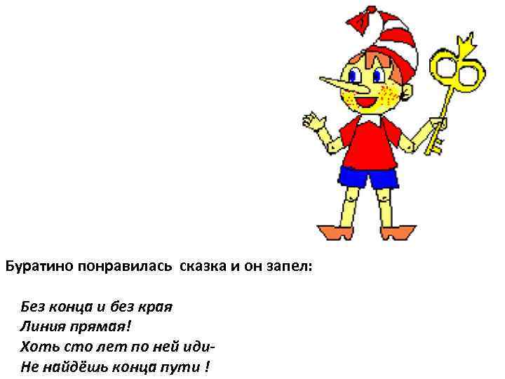 Буратино понравилась сказка и он запел: Без конца и без края Линия прямая! Хоть