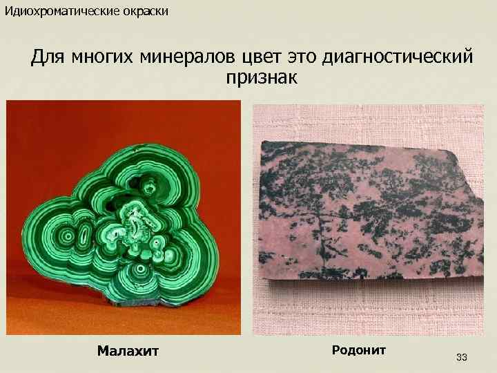 Идиохроматические окраски Для многих минералов цвет это диагностический признак Малахит Родонит 33 
