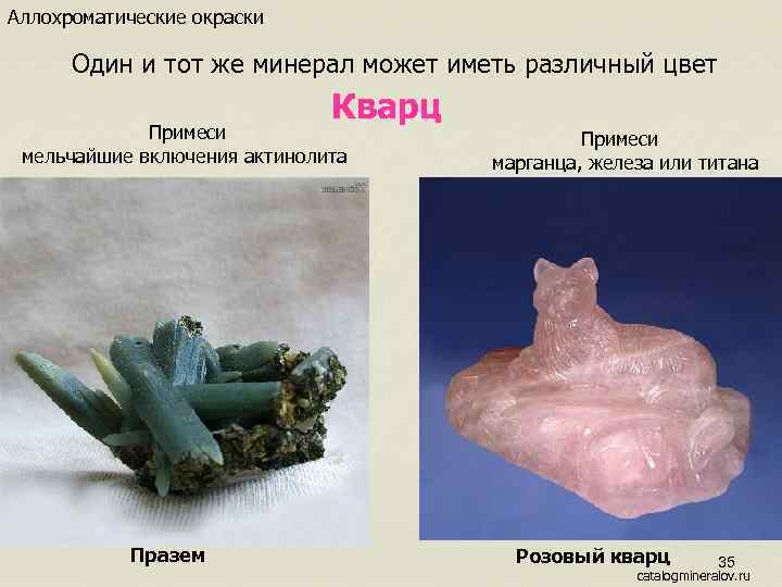 Аллохроматические окраски Один и тот же минерал может иметь различный цвет Кварц Примеси мельчайшие