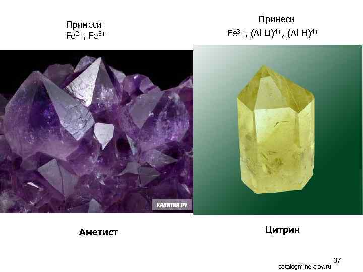 Примеси Fe 2+, Fe 3+ Аметист Примеси Fe 3+, (Al Li)4+, (Al H)4+ Цитрин
