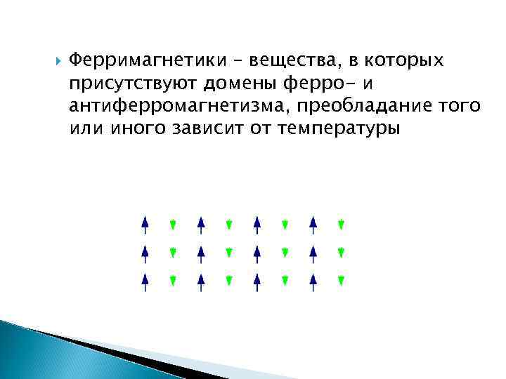  Ферримагнетики – вещества, в которых присутствуют домены ферро- и антиферромагнетизма, преобладание того или