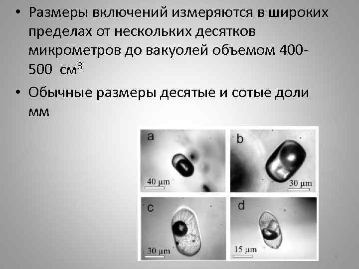  • Размеры включений измеряются в широких пределах от нескольких десятков микрометров до вакуолей
