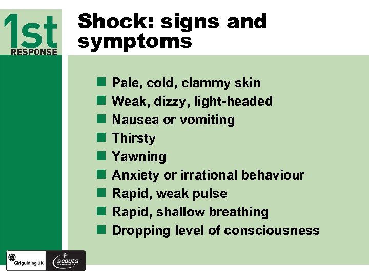 Shock: signs and symptoms n n n n n Pale, cold, clammy skin Weak,