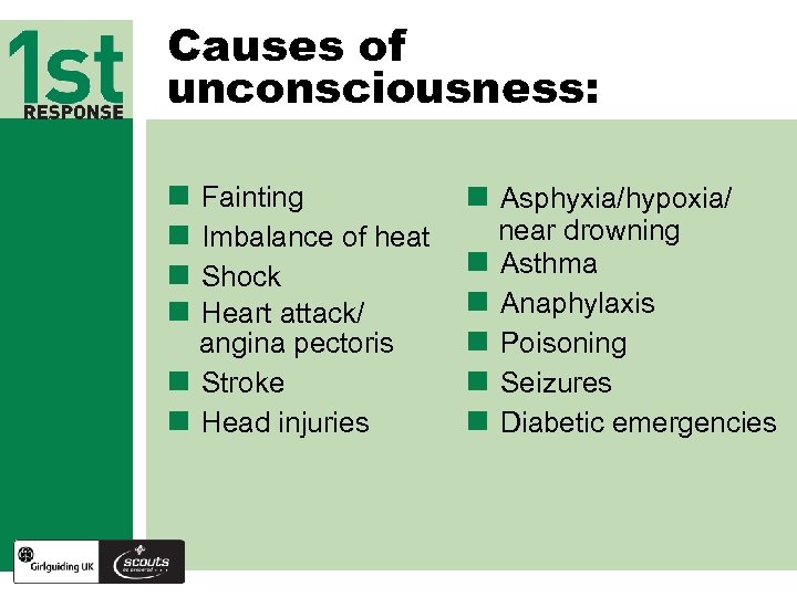 Causes of unconsciousness: n n Fainting Imbalance of heat Shock Heart attack/ angina pectoris