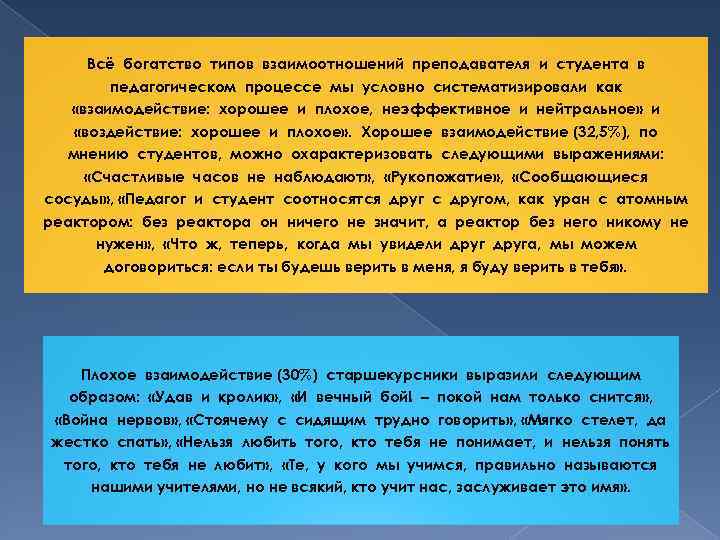 Всё богатство типов взаимоотношений преподавателя и студента в педагогическом процессе мы условно систематизировали как