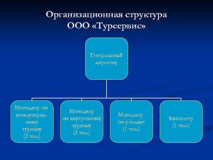 Организационная структура ООО «Турсервис» Генеральный директор Менеджер по международному туризму (2 чел. ) Менеджер