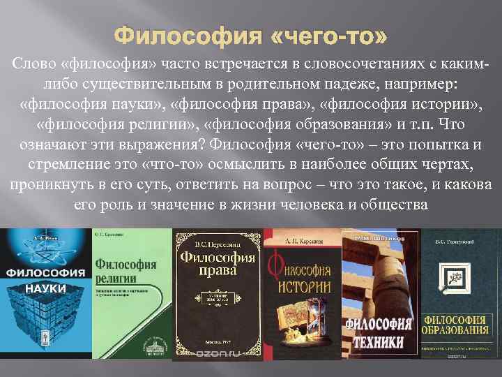 Философия «чего-то» Слово «философия» часто встречается в словосочетаниях с какимлибо существительным в родительном падеже,