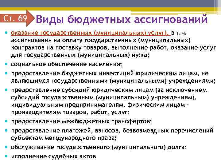 Ст. 69 Виды бюджетных ассигнований оказание государственных (муниципальных) услуг), в т. ч. ассигнования на