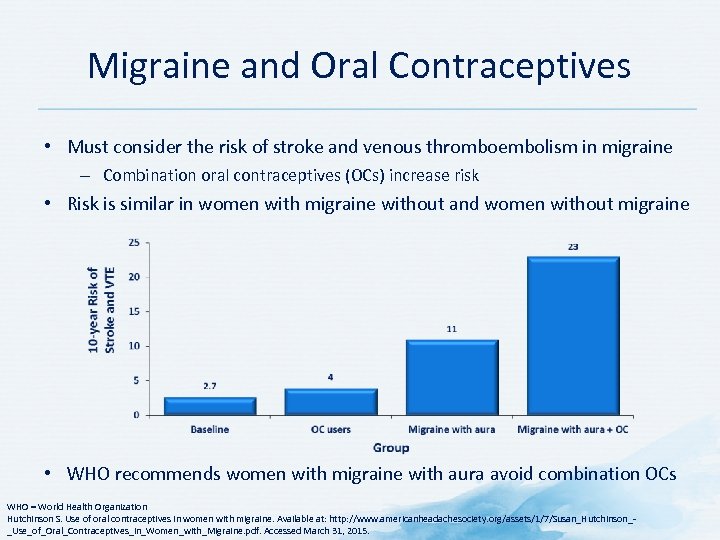 Migraine and Oral Contraceptives • Must consider the risk of stroke and venous thromboembolism