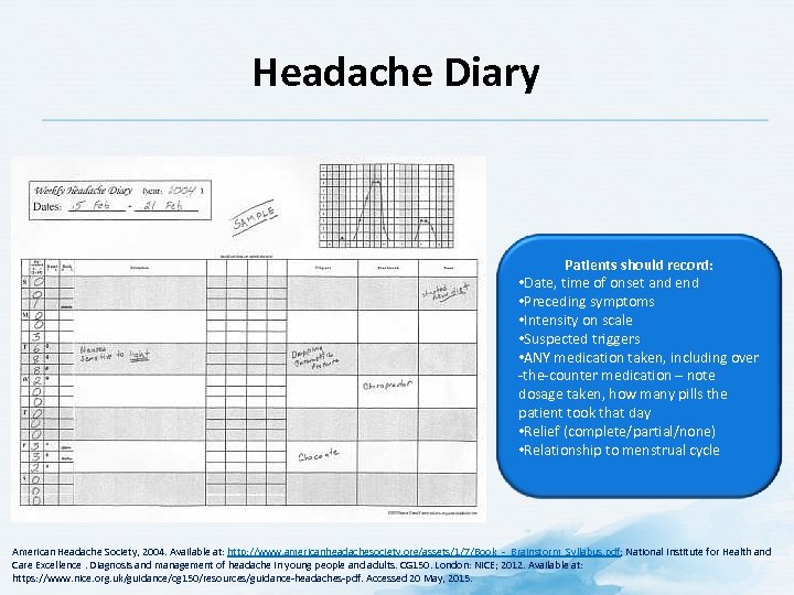 Headache Diary Patients should record: • Date, time of onset and end • Preceding