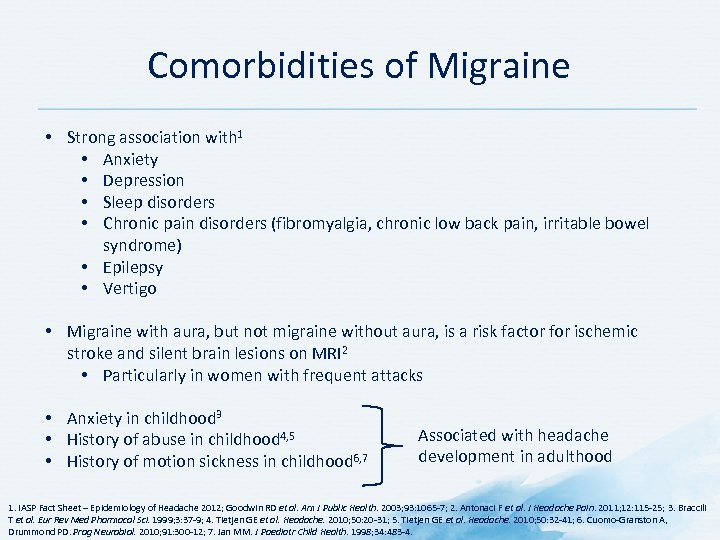 Comorbidities of Migraine • Strong association with 1 • Anxiety • Depression • Sleep