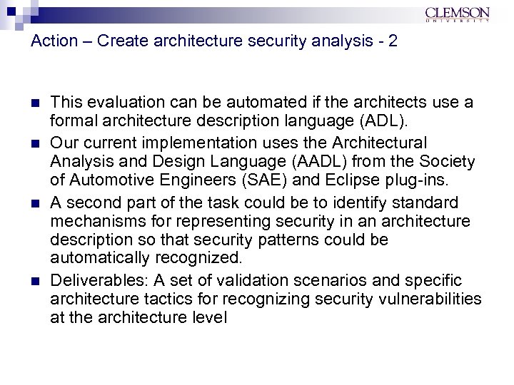 Action – Create architecture security analysis - 2 n n This evaluation can be
