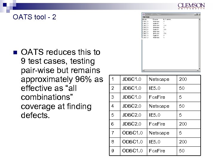 OATS tool - 2 n OATS reduces this to 9 test cases, testing pair-wise