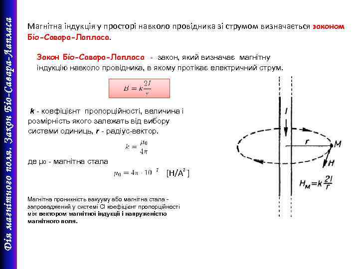 Дія магнітного поля. Закон Біо-Савара-Лапласа Магнітна індукція у просторі навколо провідника зі струмом визначається