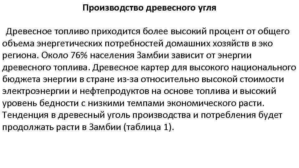 Производство древесного угля Древесное топливо приходится более высокий процент от общего объема энергетических потребностей