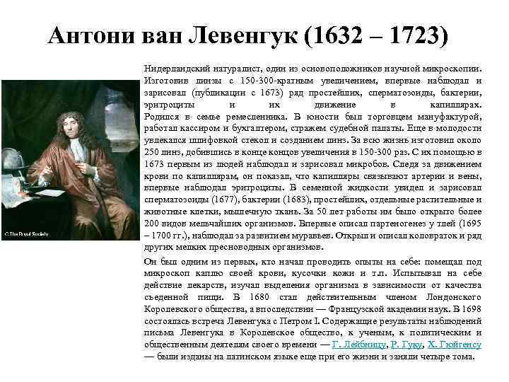 Антони ван Левенгук (1632 – 1723) Нидерландский натуралист, один из основоположников научной микроскопии. Изготовив