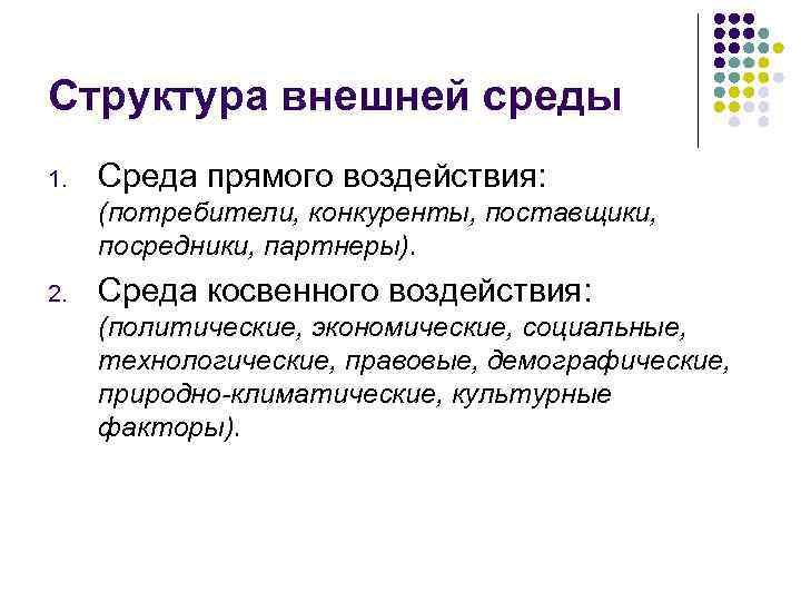Структура внешней среды 1. Среда прямого воздействия: (потребители, конкуренты, поставщики, посредники, партнеры). 2. Среда