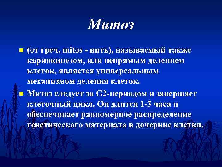 Митоз n n (от греч. mitos - нить), называемый также кариокинезом, или непрямым делением