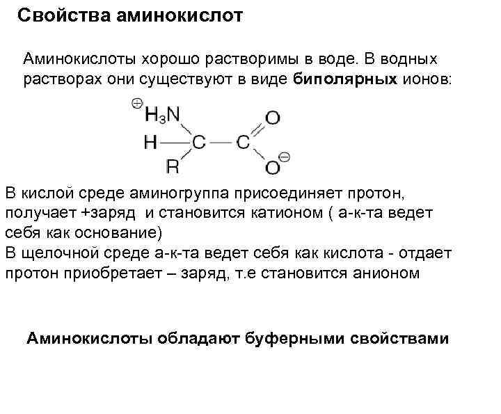 Свойства аминокислот Аминокислоты хорошо растворимы в воде. В водных растворах они существуют в виде