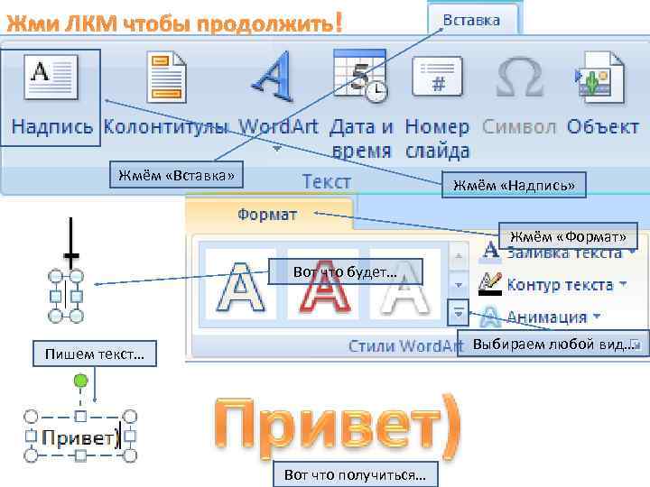 Жми ЛКМ чтобы продолжить! Жмём «Вставка» Жмём «Надпись» Жмём «Формат» Вот что будет… Выбираем