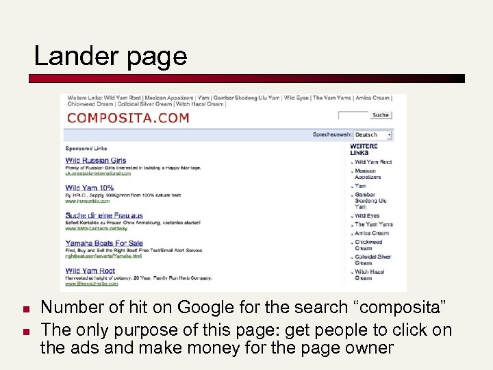 Lander page n n Number of hit on Google for the search “composita” The