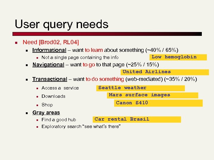 User query needs n Need [Brod 02, RL 04] n n n Informational –