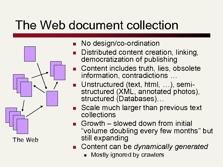 The Web document collection n n n The Web n No design/co-ordination Distributed content