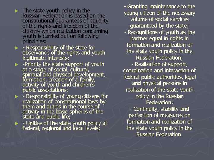 ► ► ► The state youth policy in the Russian Federation is based on