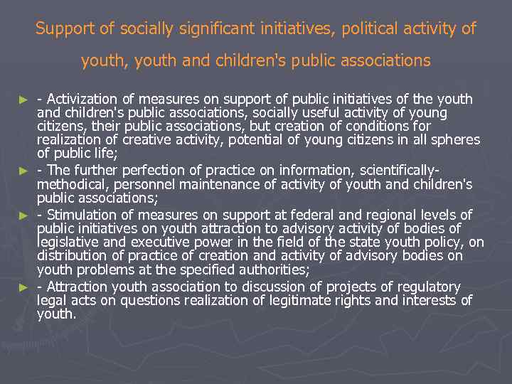 Support of socially significant initiatives, political activity of youth, youth and children's public associations