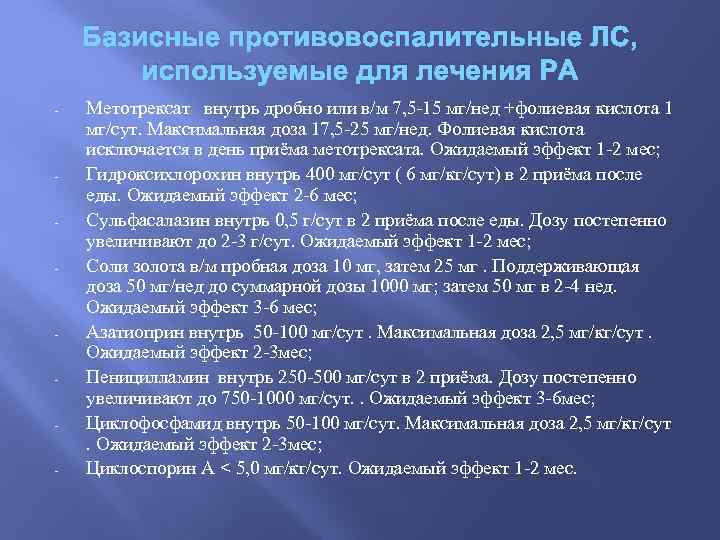 Базисные противовоспалительные ЛС, используемые для лечения РА - - - Метотрексат внутрь дробно или