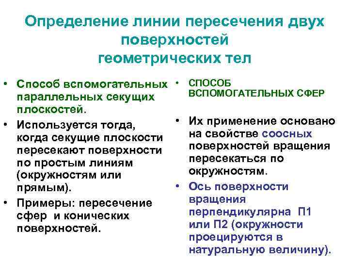 Определение линии пересечения двух поверхностей геометрических тел • Способ вспомогательных • СПОСОБ ВСПОМОГАТЕЛЬНЫХ СФЕР