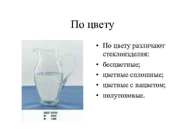 По цвету • По цвету различают стеклоизделия: • бесцветные; • цветные сплошные; • цветные