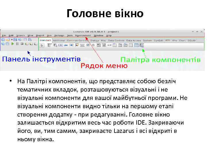  Головне вікно • На Палітрі компонентів, що представляє собою безліч тематичних вкладок, розташовуються