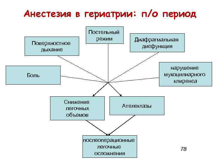 Анестезия в гериатрии: п/о период Поверхностное дыхание Постельный режим Диафрагмальная дисфункция нарушение мукоцилиарного клиренса