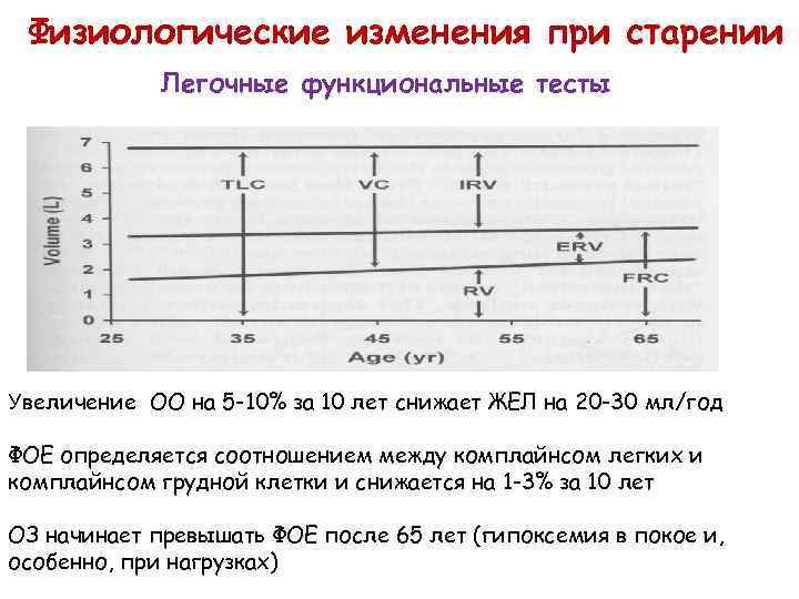 Физиологические изменения при старении Легочные функциональные тесты Увеличение ОО на 5 -10% за 10