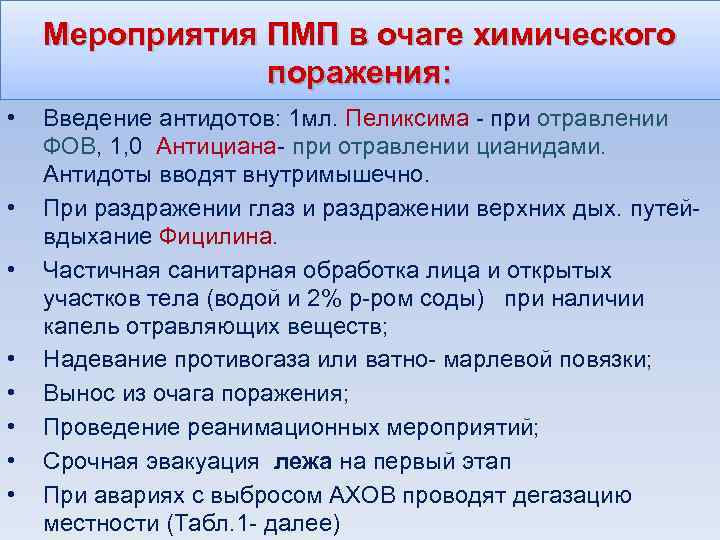 Мероприятия ПМП в очаге химического поражения: • • Введение антидотов: 1 мл. Пеликсима -