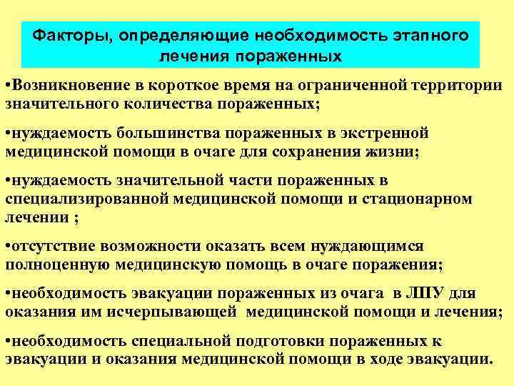 Факторы, определяющие необходимость этапного лечения пораженных • Возникновение в короткое время на ограниченной территории