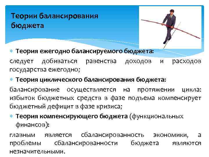 Теории балансирования бюджета Теория ежегодно балансируемого бюджета: следует добиваться равенства доходов и расходов государства