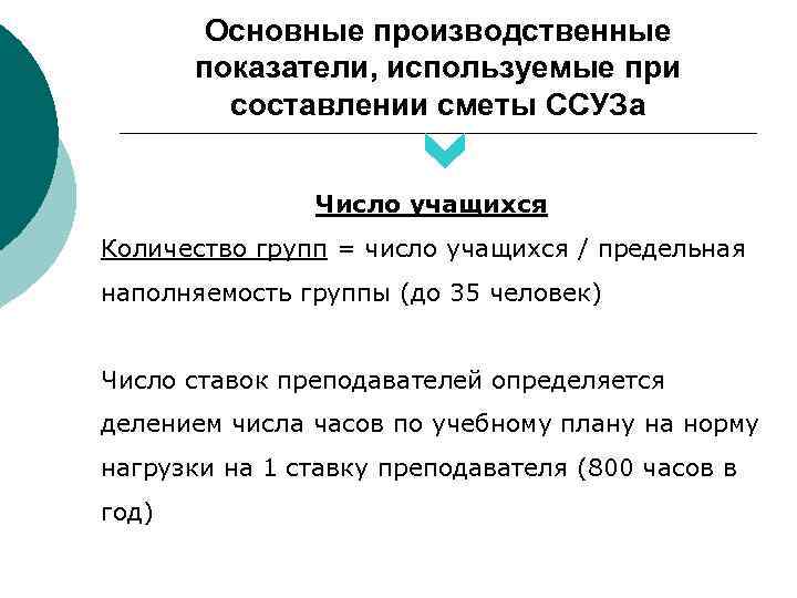 Основные производственные показатели, используемые при составлении сметы ССУЗа Число учащихся Количество групп = число