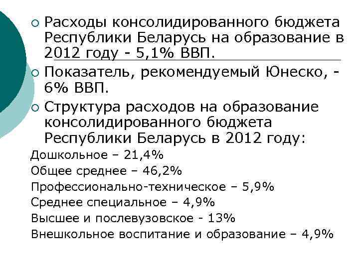 Расходы консолидированного бюджета Республики Беларусь на образование в 2012 году - 5, 1% ВВП.