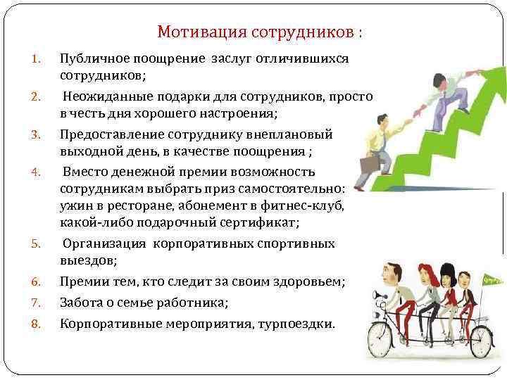 Мотивация сотрудников : 1. 2. 3. 4. 5. 6. 7. 8. Публичное поощрение заслуг