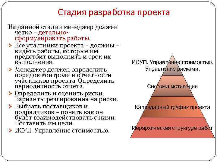 Стадия разработка проекта На данной стадии менеджер должен четко – детально- сформулировать работы. Ø