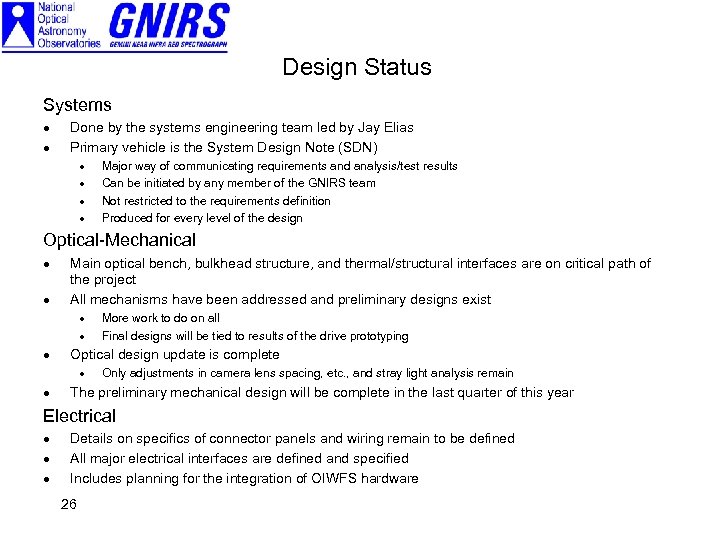 Design Status Systems · · Done by the systems engineering team led by Jay