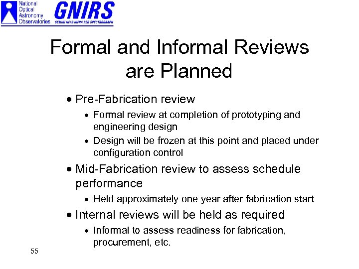 Formal and Informal Reviews are Planned · Pre-Fabrication review · Formal review at completion