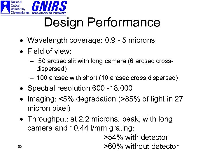 Design Performance · Wavelength coverage: 0. 9 - 5 microns · Field of view:
